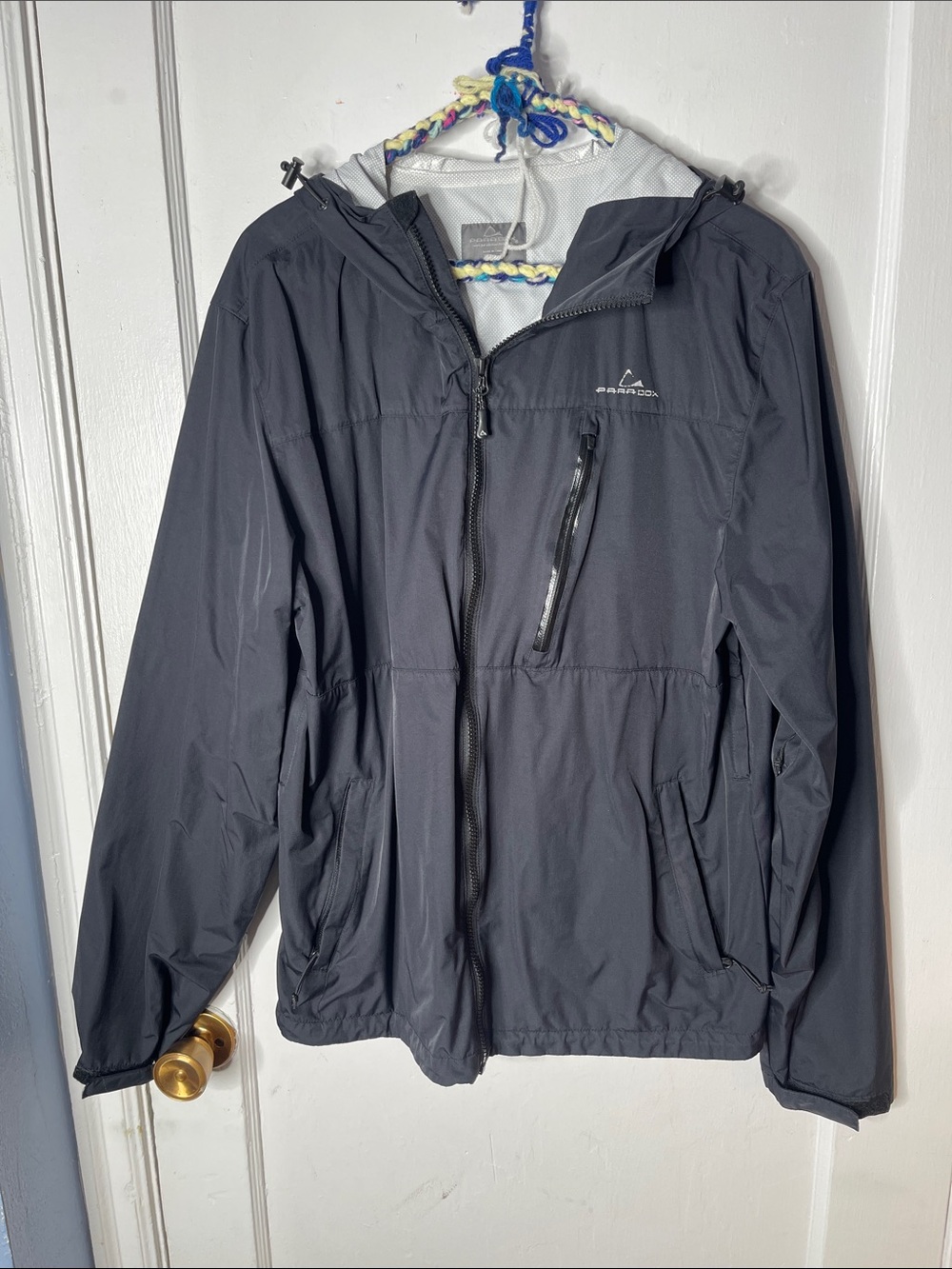 Mens Paradox Rain Jacket Medium Black Hood Zip Up Side Vents M Zippered Pockets